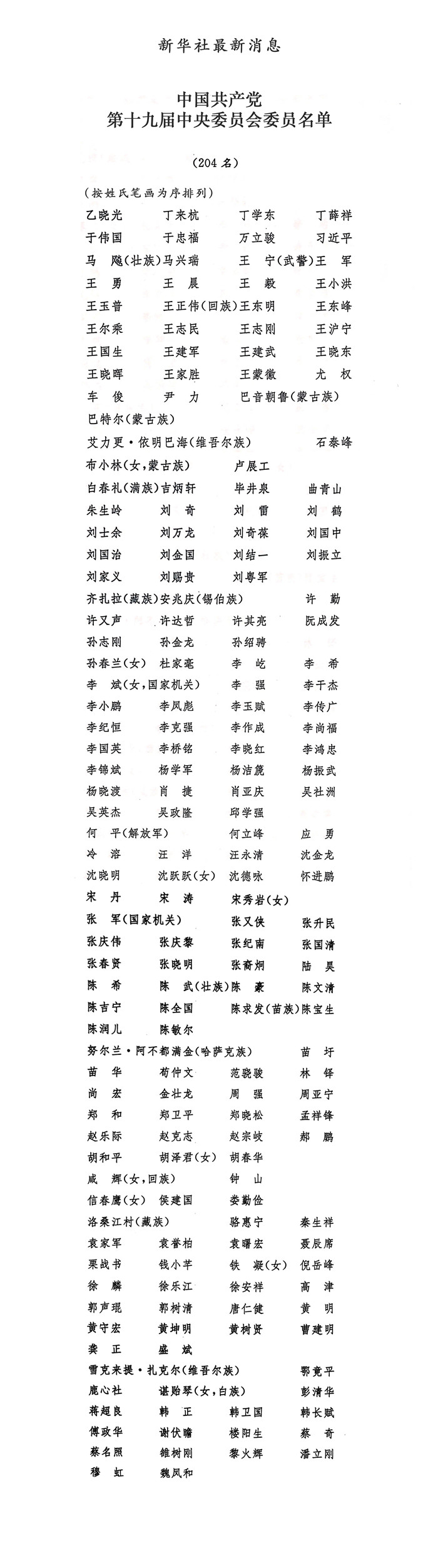 中國共產黨第十九屆中央委員會委員名單
