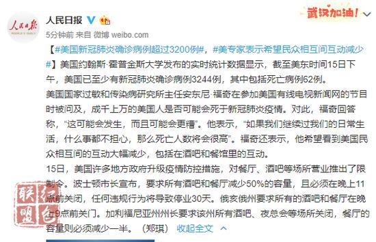 美國新冠肺炎確診病例超過3200例 專家希望民眾相互間互動減少