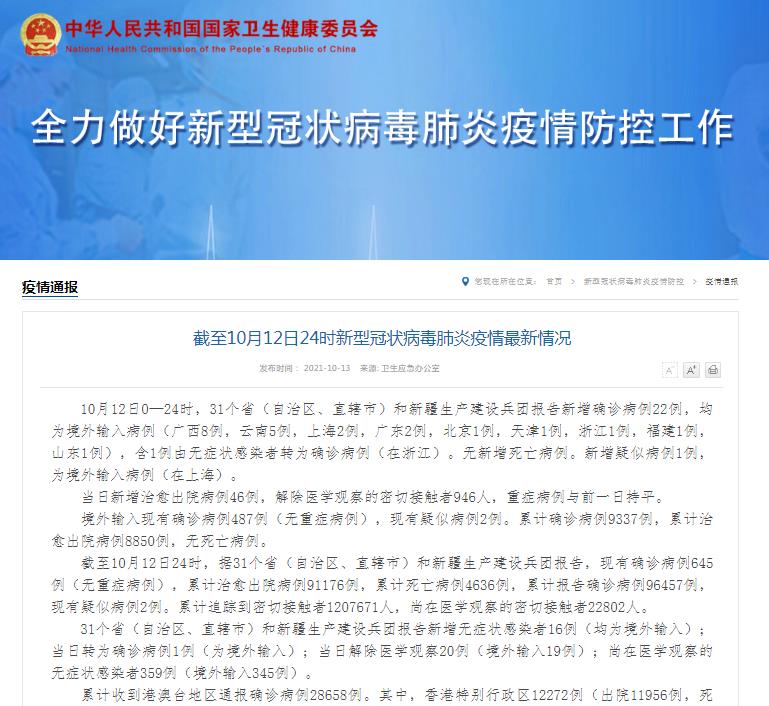 國家衛(wèi)健委：10月12日新增新冠肺炎確診病例22例 均為境外輸入病例