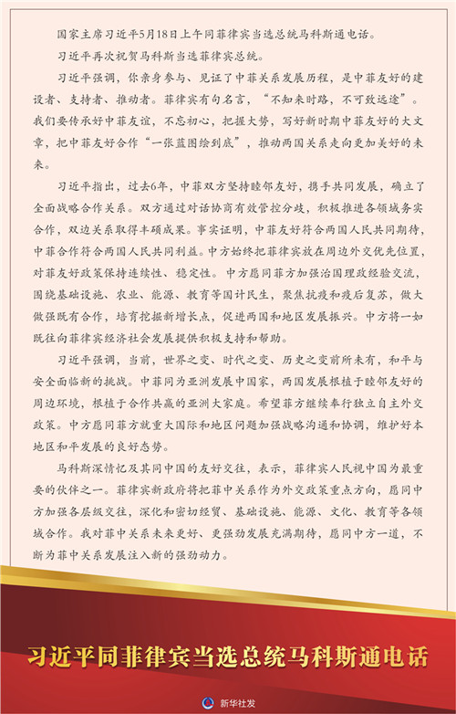 習(xí)近平同菲律賓當(dāng)選總統(tǒng)馬科斯通電話