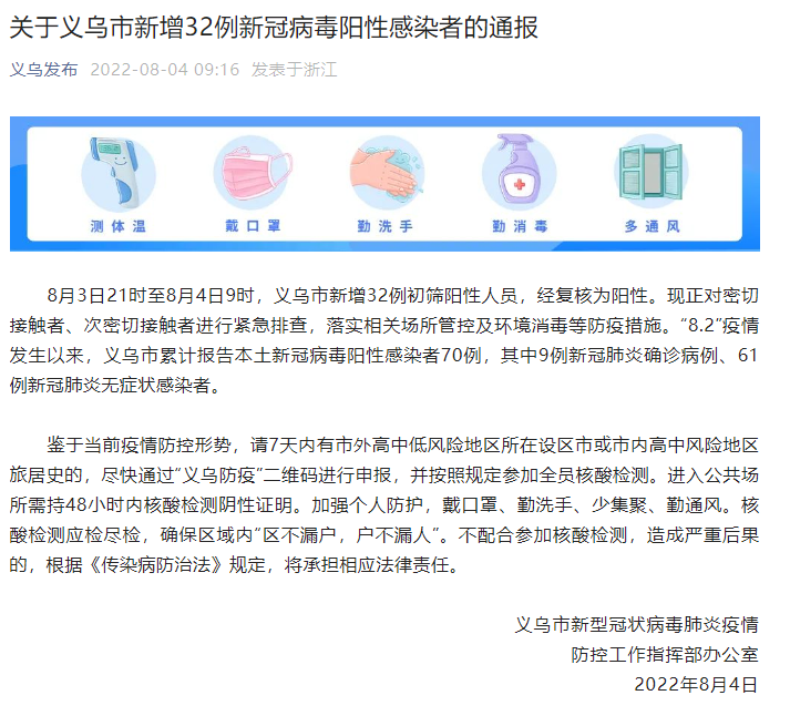 浙江義烏新增32例新冠病毒陽性感染者