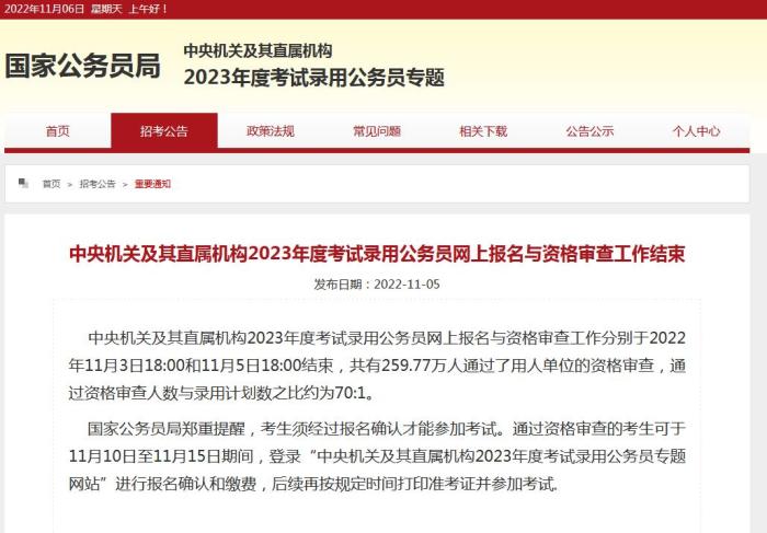 國考網(wǎng)上報(bào)名與資格審查結(jié)束 錄用比約為70:1